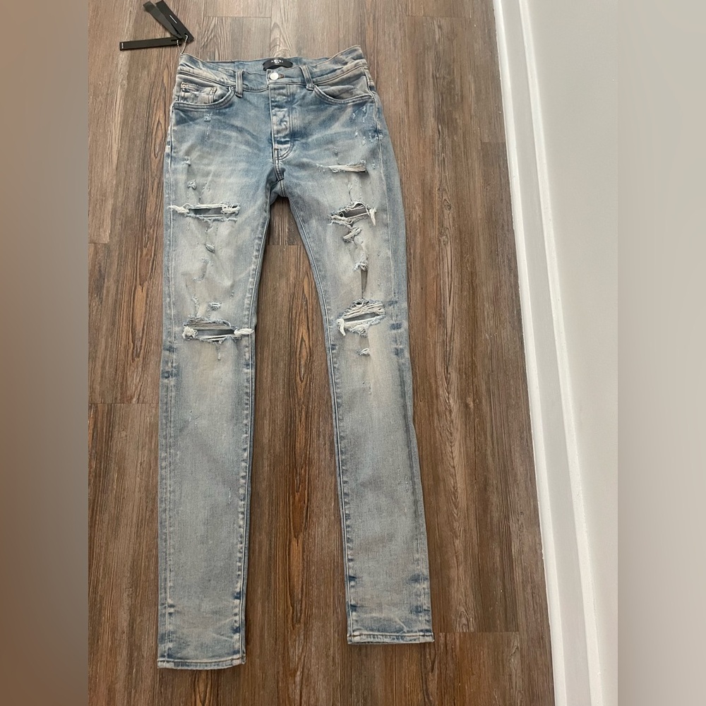 AMIRI Light Blue Distressed Skinny Jeans
